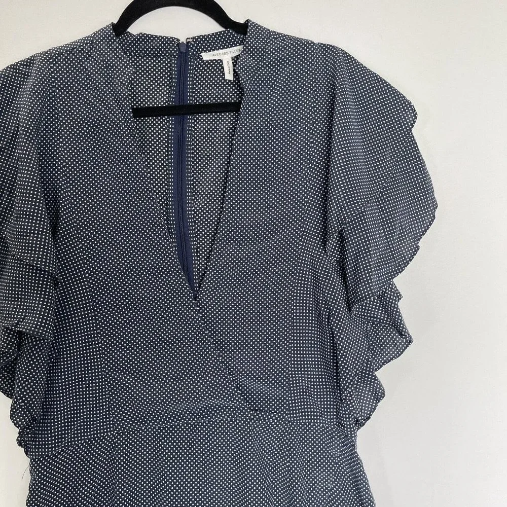 Anthropologie Avec les Filles Dress Women Medium Blue Polka Dot Ruffle Pockets - Picture 4 of 12